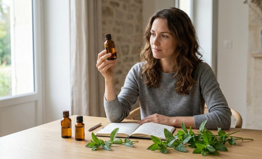Huile essentielle menthe poivrée : jeune femme examinant un flacon avec Mentha × piperita