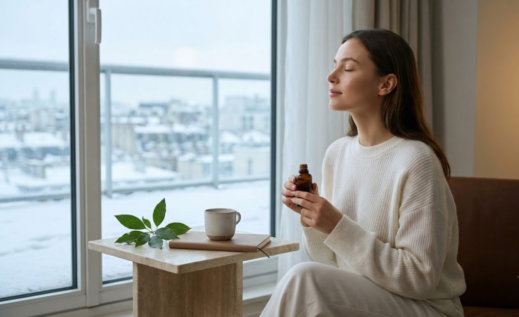 Huile essentielle ravintsara : jeune femme en hiver avec un flacon et du Cinnamomum camphora