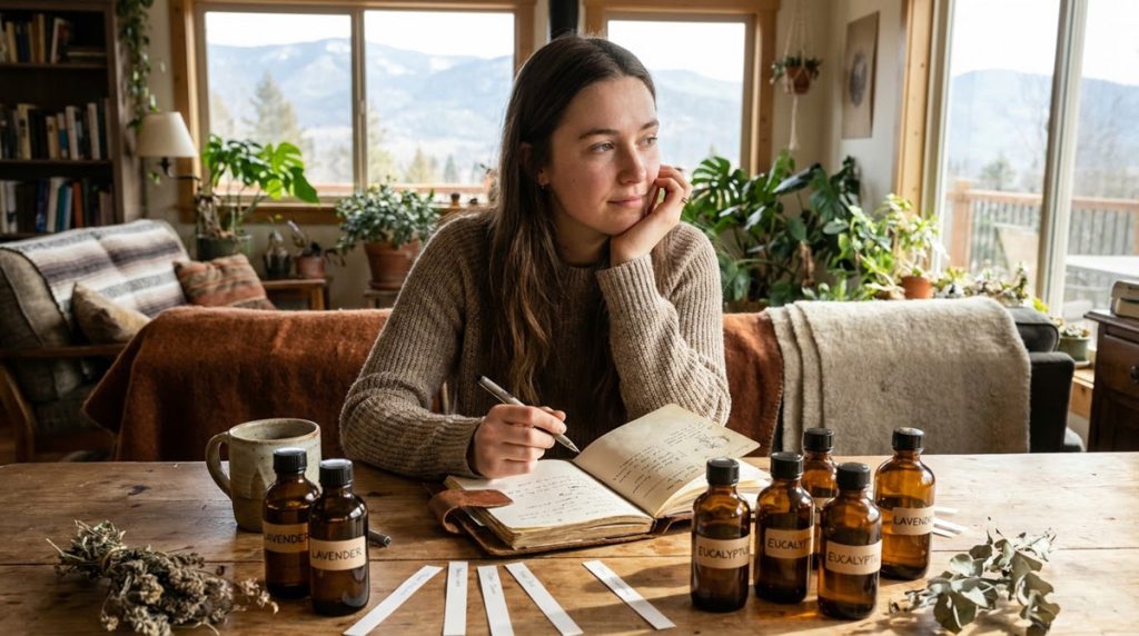 Jeune femme prenant des notes dans un carnet pour formuler une synergie huile essentielle, entourée de petits flacons ambrés.