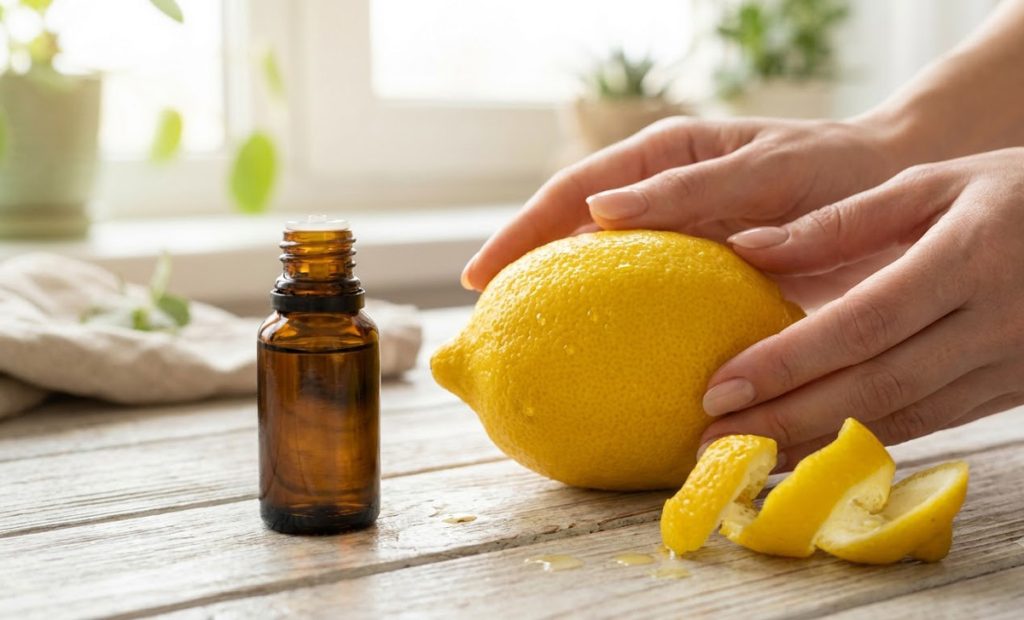 Mains féminines tenant un citron frais à côté d'un flacon d'huile essentielle citron et d'un zeste exprimant des gouttelettes aromatiques.