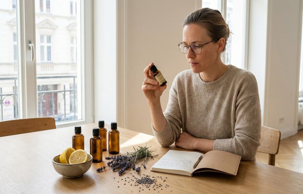 Aromathérapie : femme examinant un flacon d’huile essentielle avec lavande et citron