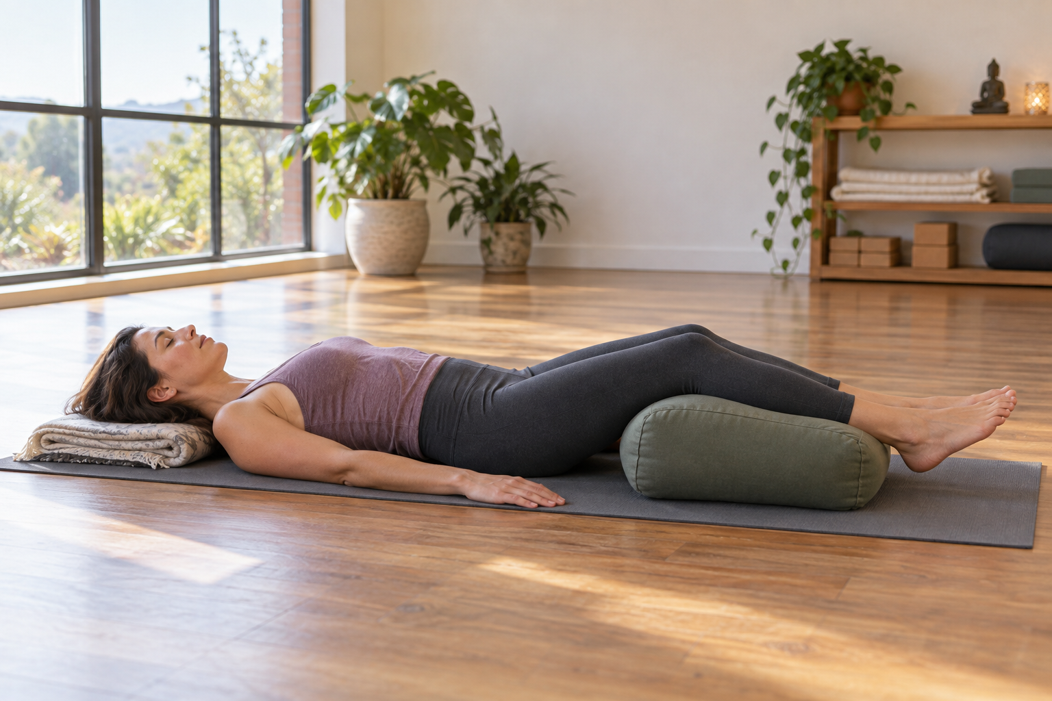 Femme adulte allongée sur un tapis, jambes soutenues par un coussin