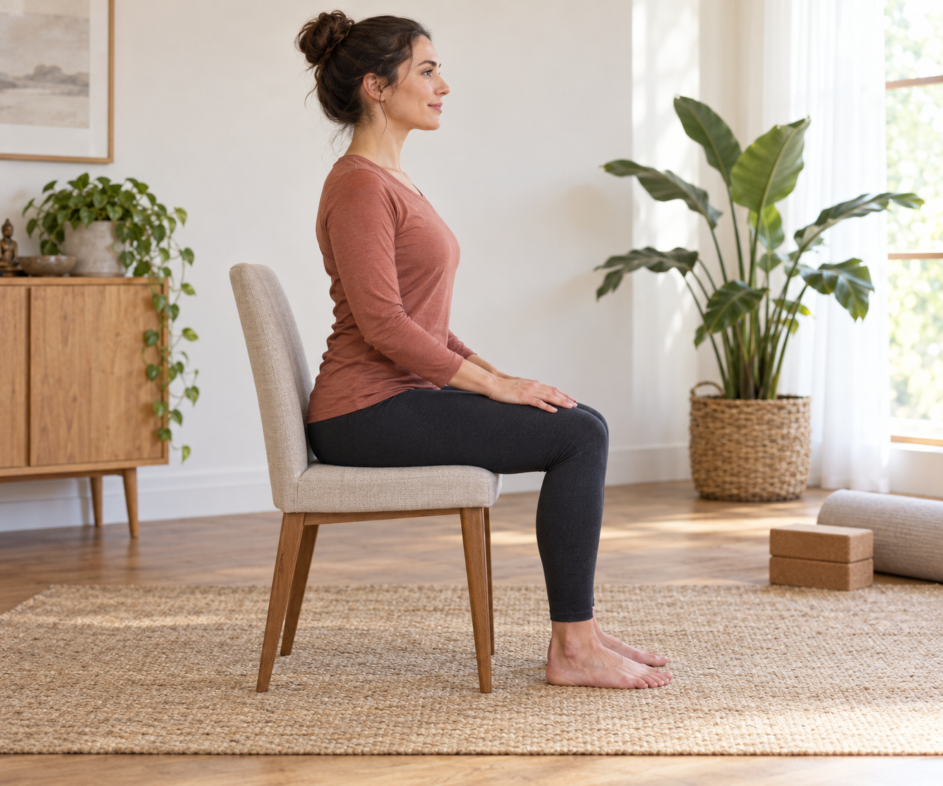 Femme adulte assise sur une chaise, pieds au sol et mains sur les cuisses