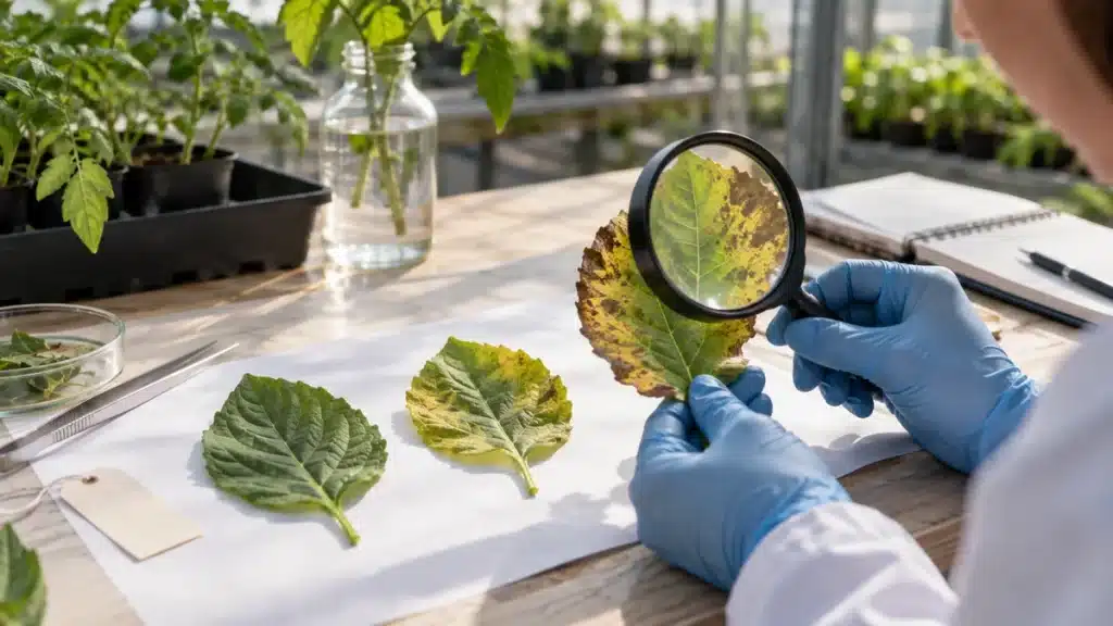 Diagnostic maladie plante par observation de feuilles et prélèvement