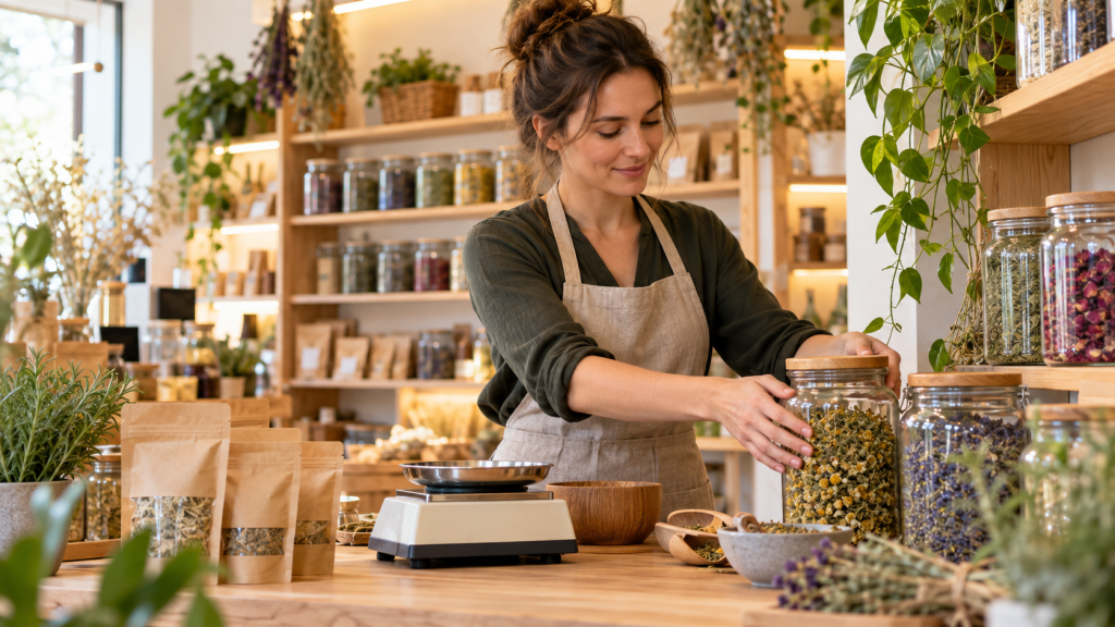 Herboristerie : femme adulte examinant des plantes séchées en bocaux dans une boutique lumineuse