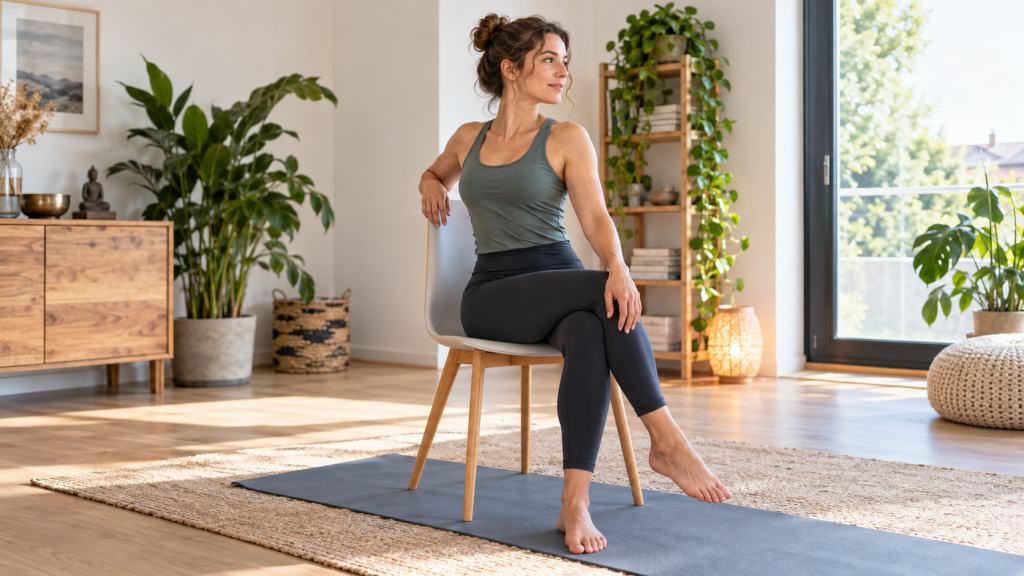 Exercices yoga à la maison : femme adulte pratiquant une posture douce avec un tapis dans une pièce lumineuse