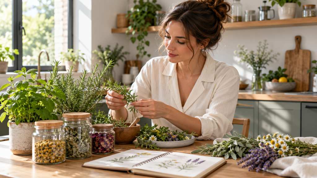 Femme adulte examinant des herbes fraîches et plantes séchées pour un guide de phytothérapie