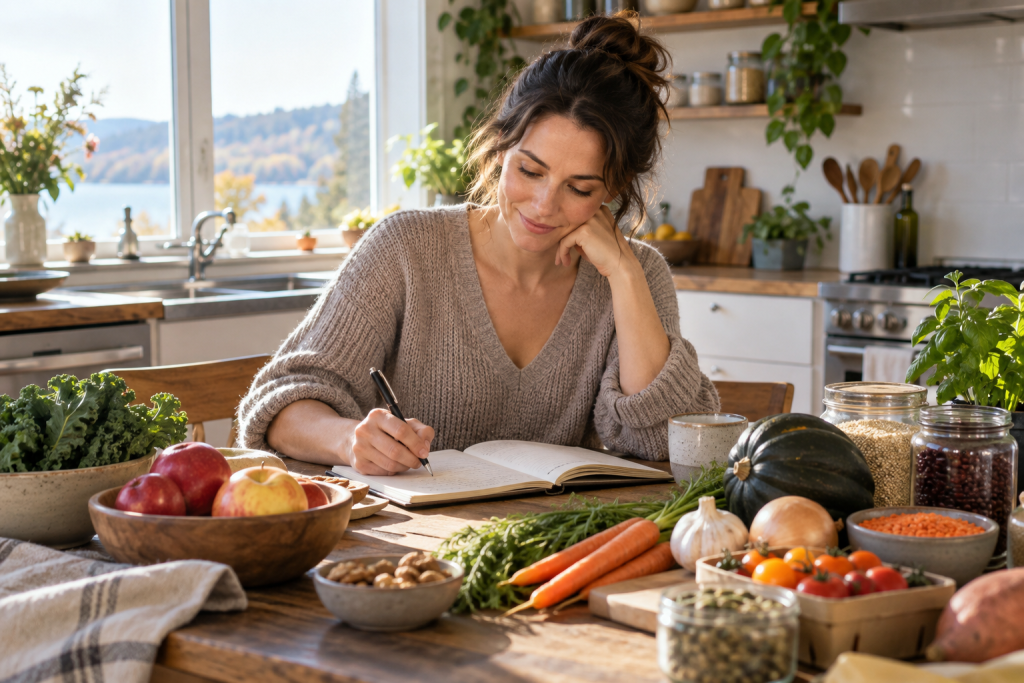 Rééquilibrage alimentaire : femme adulte planifiant des repas simples dans une cuisine lumineuse