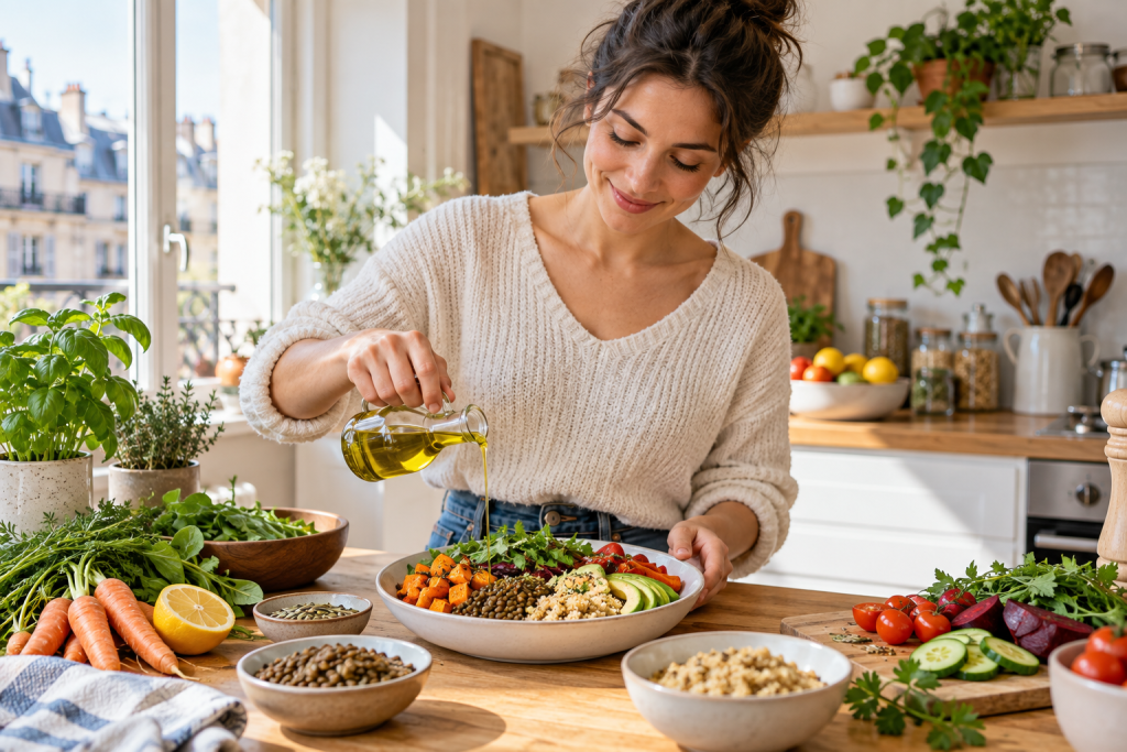 Alimentation équilibrée : femme adulte préparant une assiette variée de légumes, lentilles et céréales