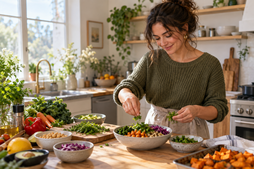 Perdre du poids : femme adulte préparant un repas varié dans une cuisine lumineuse