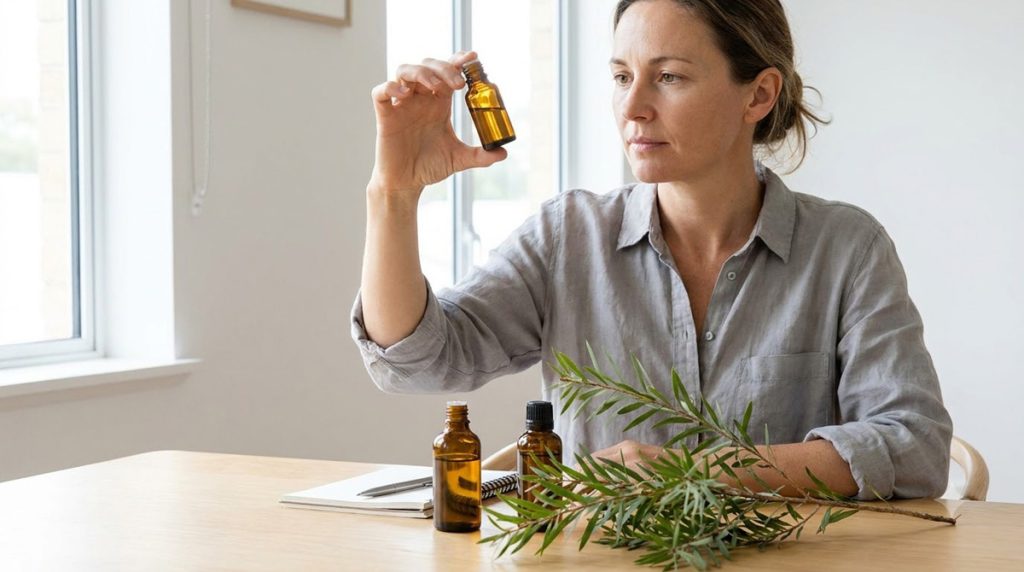 Huile essentielle Tea Tree ou arbre à thé : femme examinant un flacon avec Melaleuca alternifolia