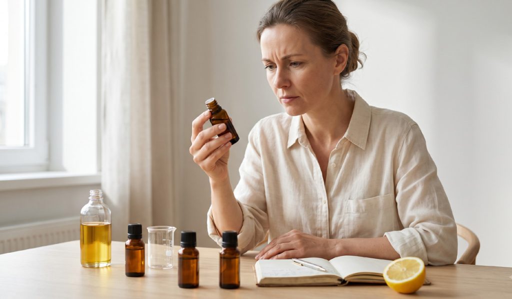Huile essentielle : femme examinant un flacon avant utilisation et dilution