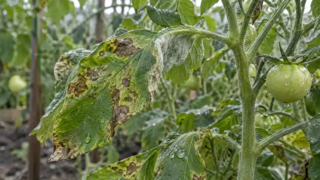 Mildiou tomate avec tache brun olive et duvet au revers d’une feuille