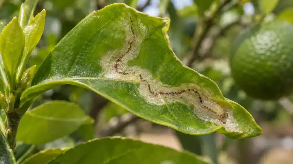 Mineuse des agrumes creusant une galerie serpentine dans une jeune feuille