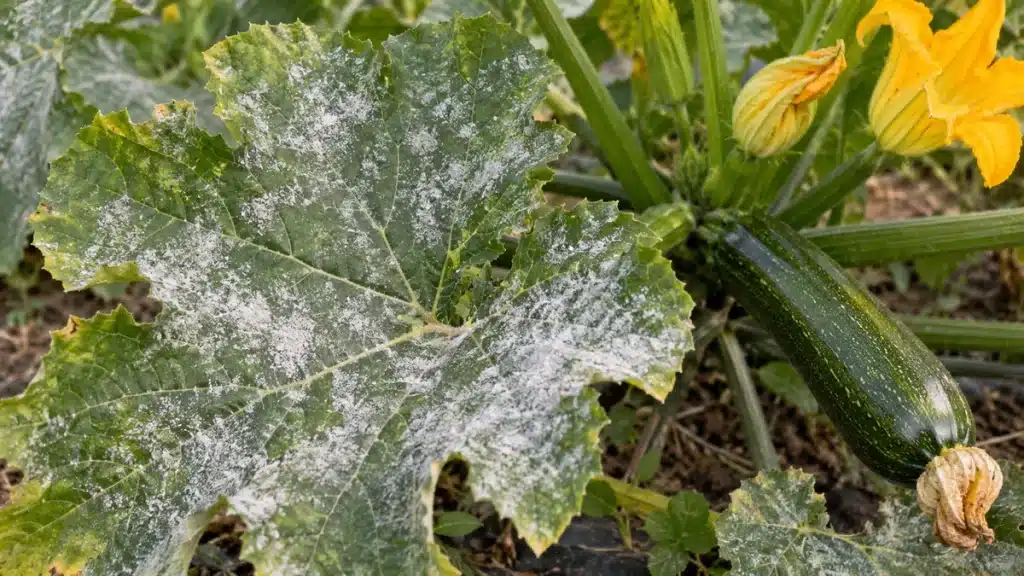 Oïdium courgette formant des taches blanches poudreuses sur une feuille