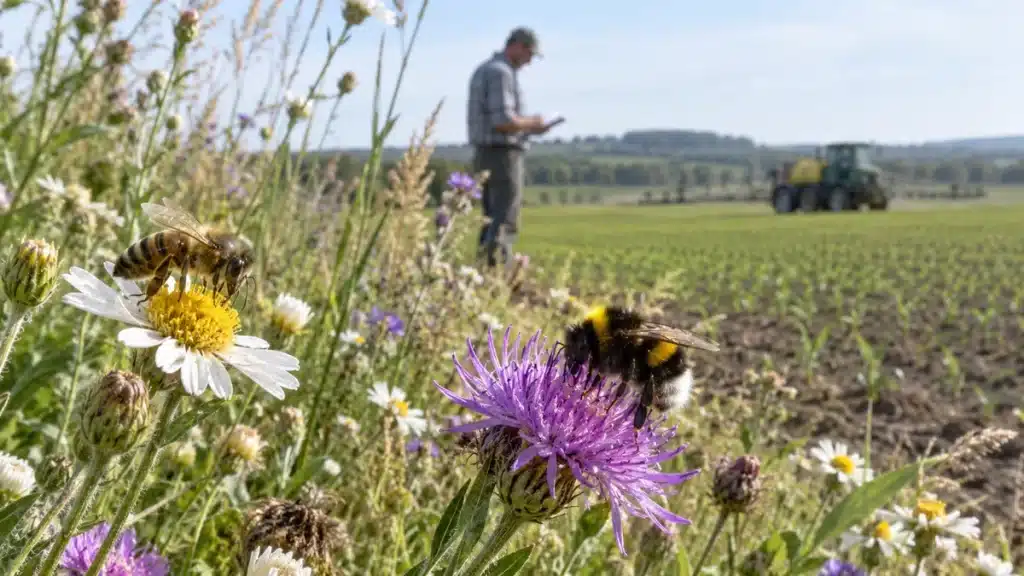 Pesticides abeilles : Abeille et bourdon dans une bande fleurie protégée des pesticides