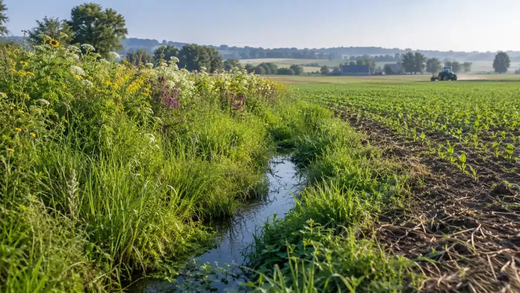 Parcelle et bande fleurie illustrant le lien entre pesticides biodiversité sol et eau