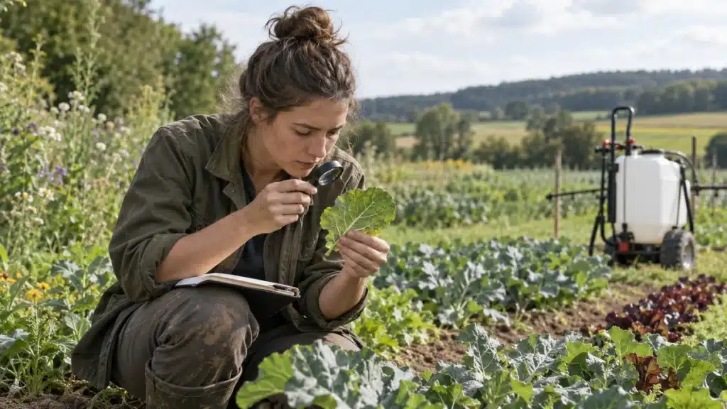 Agronome examinant une plante avant de choisir des produits phytosanitaires