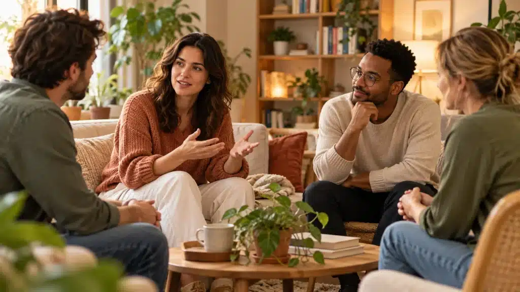 Quatre adultes échangent et s’écoutent dans un salon chaleureux, illustrant la communication interpersonnelle.