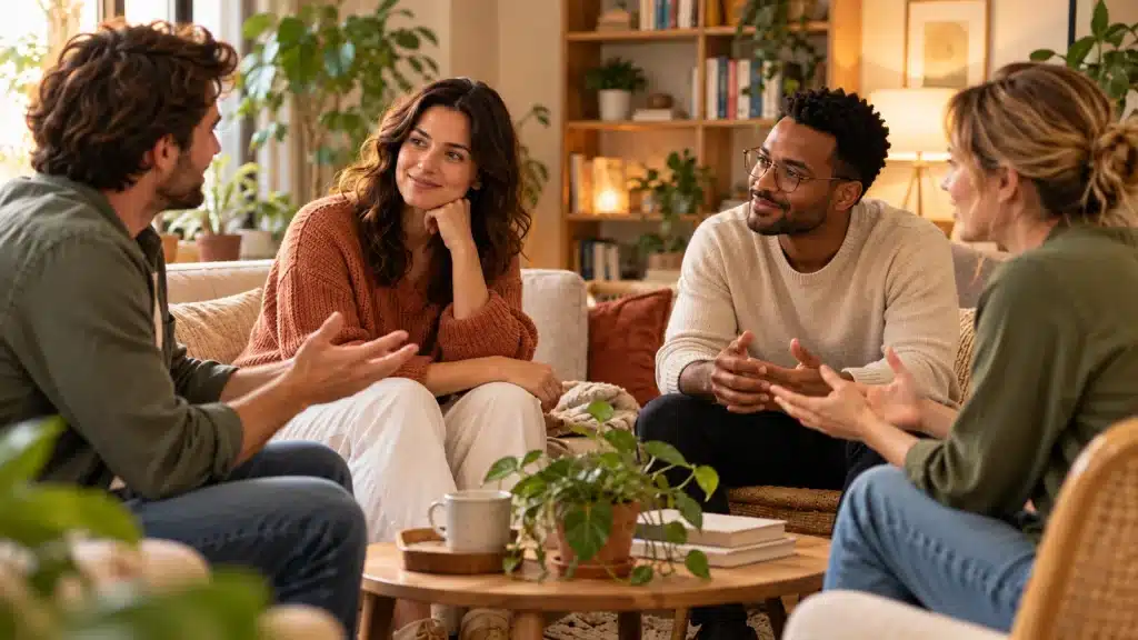 Quatre personnes discutent sereinement autour d’une table, illustrant un dialogue respectueux et la communication non violente.