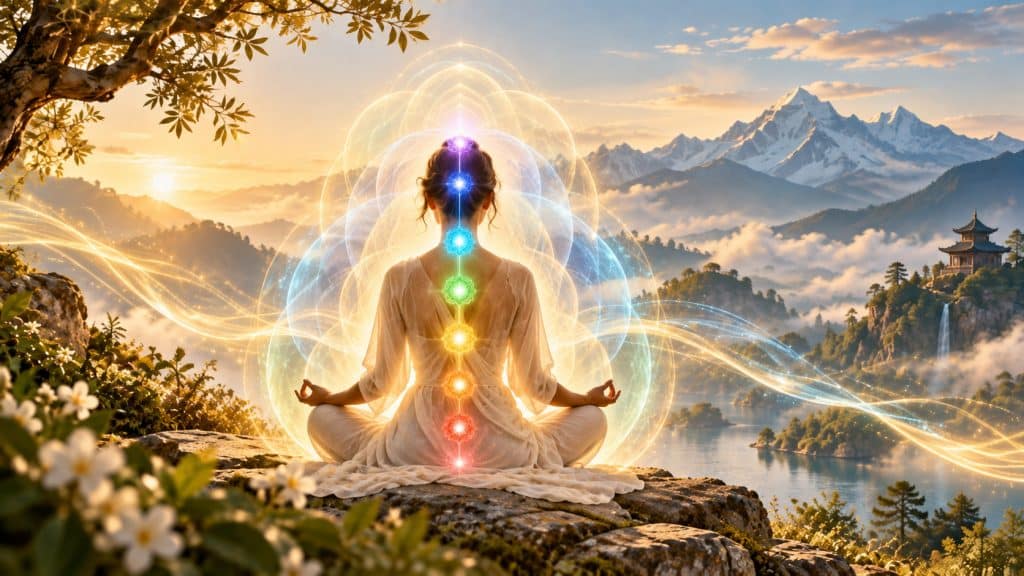 Corps énergétique : illustration de l’aura et des sept chakras lumineux autour d’une personne en méditation