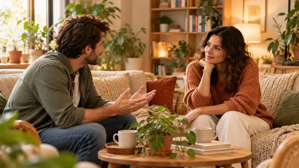 Une femme écoute avec attention un homme qui lui parle, dans un salon lumineux, illustrant l’empathie.