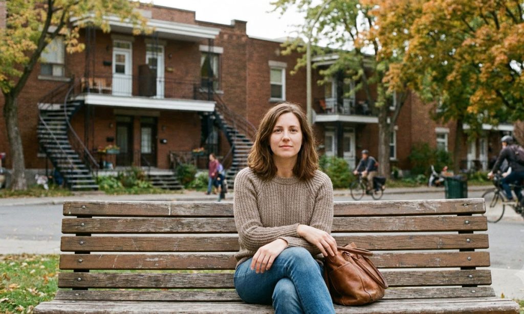 Jeune femme pratiquant la mindfulness sur un banc dans un parc