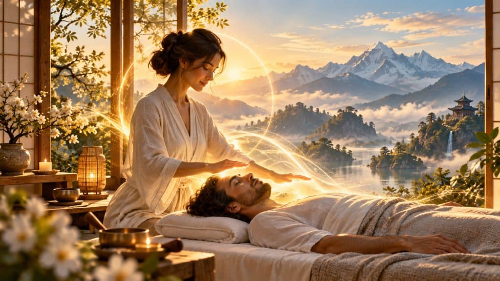 Reiki : praticienne plaçant les mains au-dessus d’une personne allongée lors d’une séance