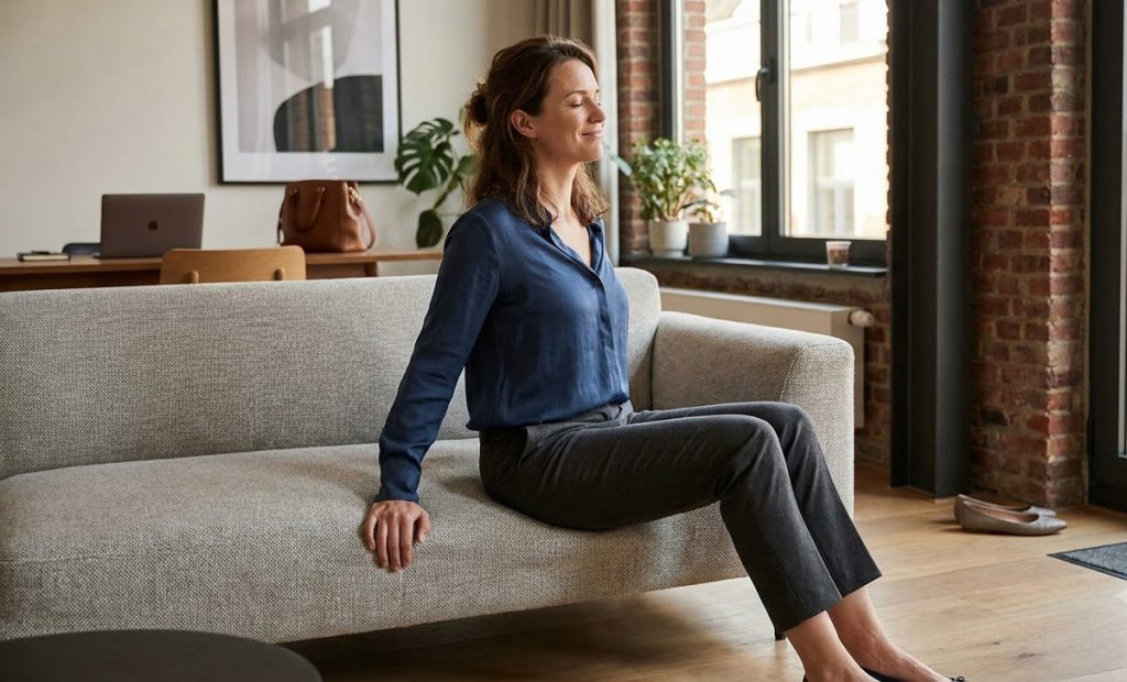 Relaxation guidée avec une jeune femme détendue relâchant les tensions après sa journée