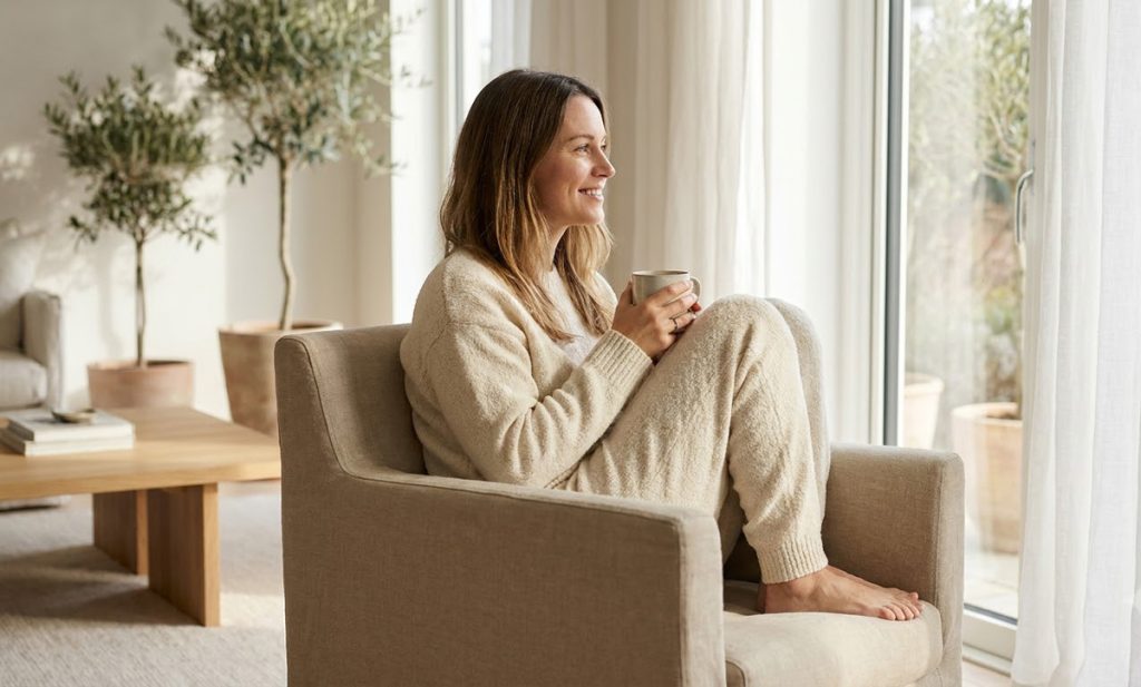 Jeune femme sereine après une pratique de méditation dans un intérieur lumineux
