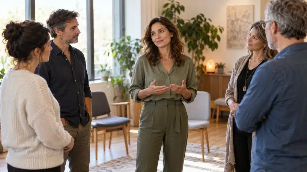 constellation familiale : une femme participe à un atelier avec quatre autres adultes dans une salle chaleureuse
