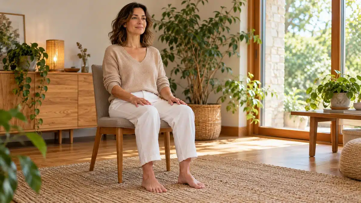 Corps énergétique : femme assise, mains sur les cuisses et pieds à plat au sol pour retrouver ses appuis