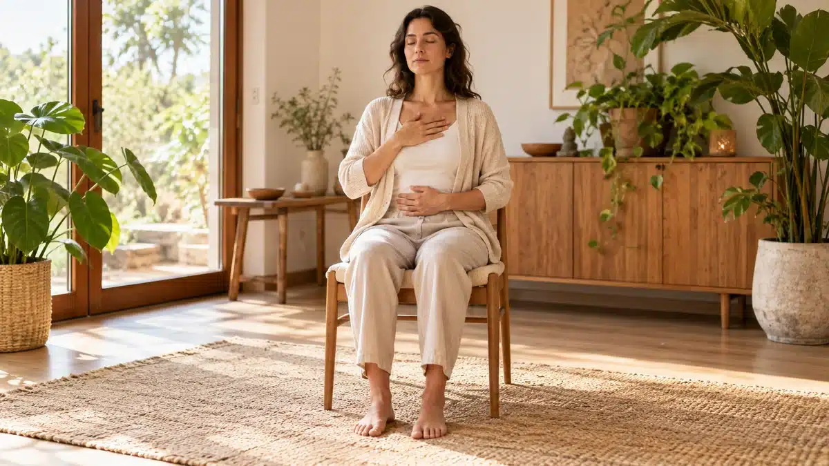 Corps énergétique : femme assise, une main sur le thorax et l’autre sur le ventre pendant une méditation