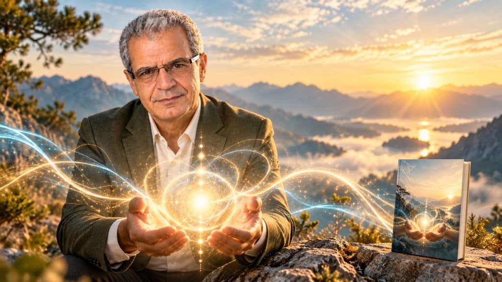 Mohammed Mouhssine présentant une sphère d’énergie lumineuse entre ses mains, au lever du soleil.