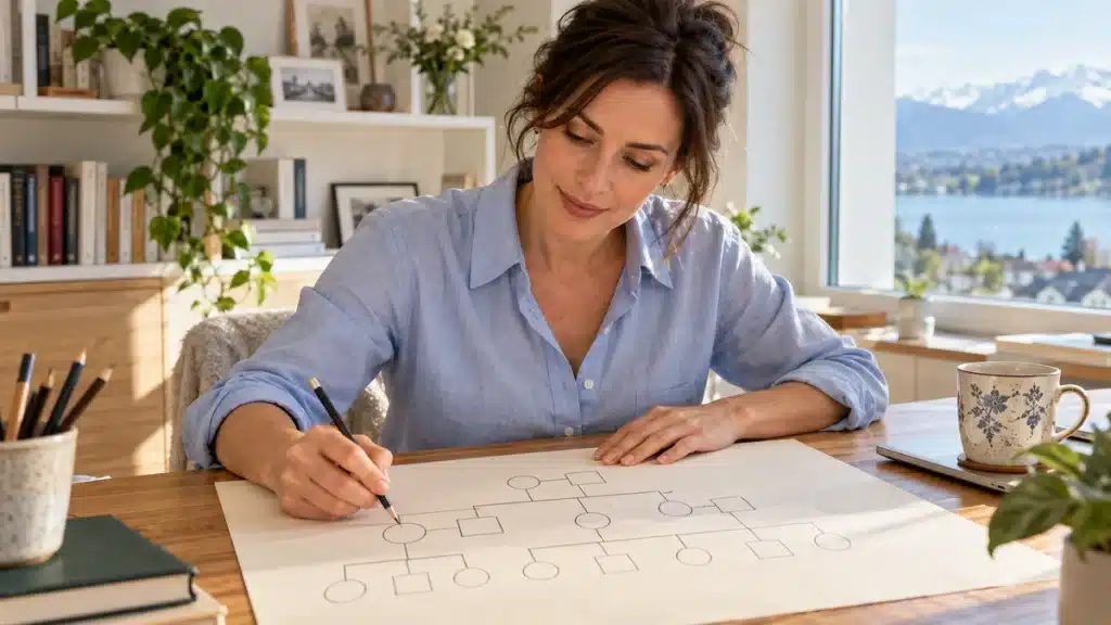 genosociogramme : une femme dessine un schéma de liens familiaux avec des cercles et des carrés sur une grande feuille