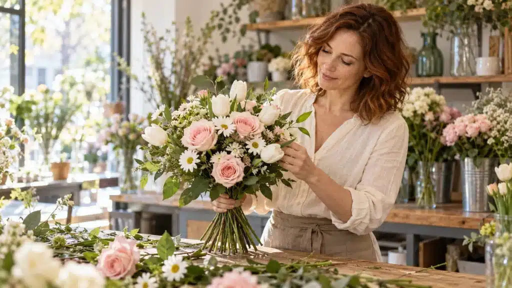 langage des fleurs : une femme compose un bouquet de roses roses, de tulipes blanches et de marguerites dans une boutique florale
