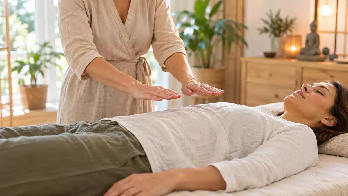 Magnétisme : deux paumes ouvertes maintenues au-dessus de l’abdomen habillé, sans contact