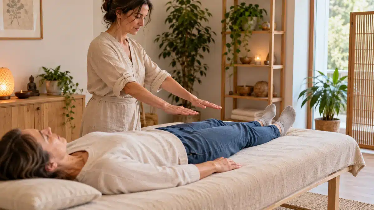 Magnétisme : praticienne plaçant ses mains ouvertes au-dessus des jambes habillées pour une passe longitudinale