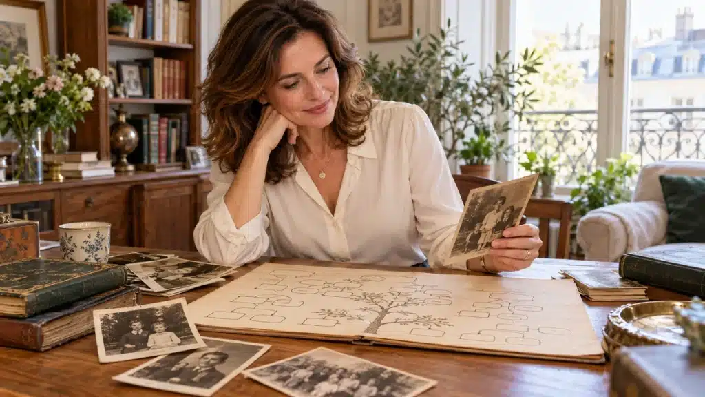 psychogénéalogie : une femme examine un arbre familial et des photographies anciennes dans un intérieur lumineux