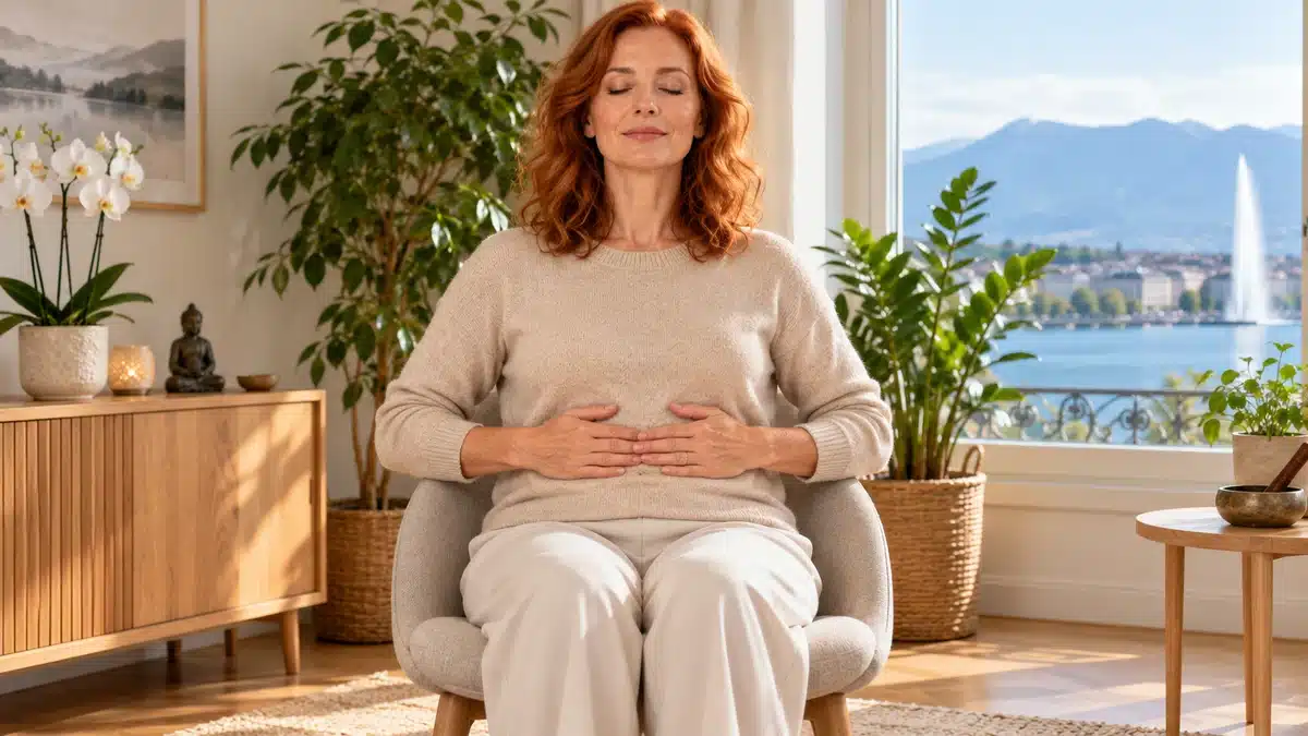 Reiki : femme assise posant ses deux mains sur son abdomen pour une pratique personnelle