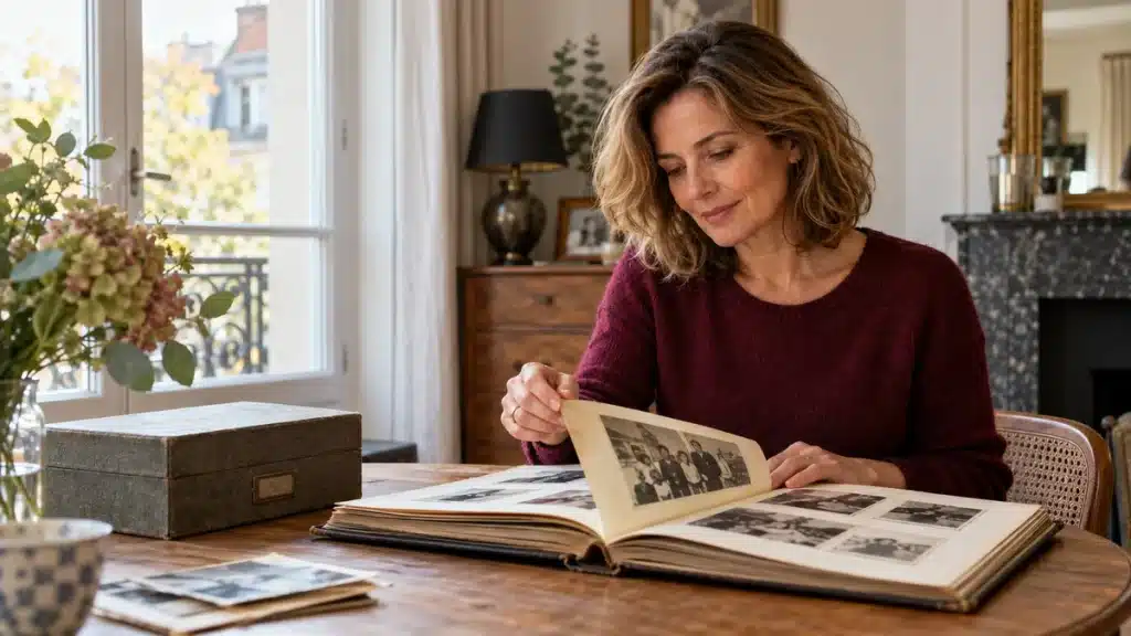 secrets de famille : une femme feuillette attentivement un album de photographies anciennes près d’une fenêtre