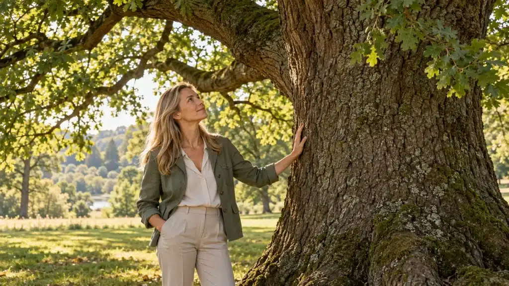 symbolique des arbres : une femme contemple un chêne majestueux en posant doucement la main sur son écorce